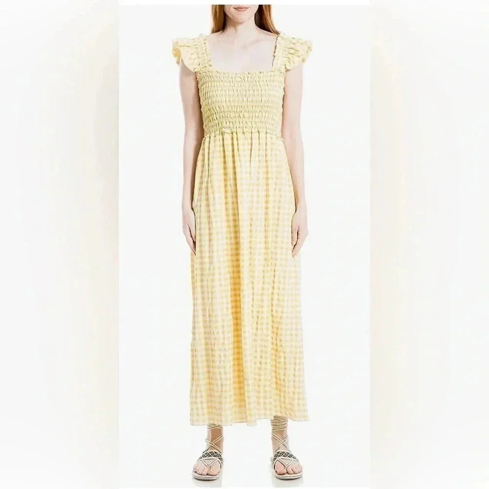 Max Studio Flutter Sleeve Smocked Gingham Yellow Maxi Dress Size XS
